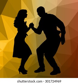Silhouette dancing people with low poly background