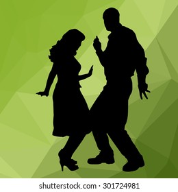 Silhouette dancing people with low poly background