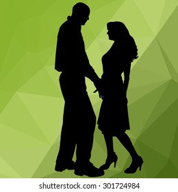 Silhouette dancing people with low poly background