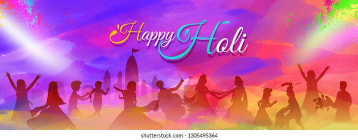 Silhouette of dancing people on the occasion of Indian festival holi on color splash background.