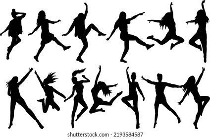 silhouette dancing people set isolated, vector