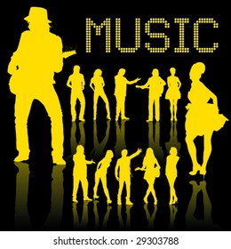 silhouette of dancing and singing people isolated on black background