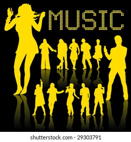 silhouette of dancing and singing people isolated on black background