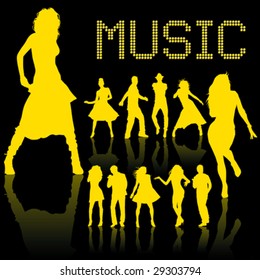 silhouette of dancing and singing people isolated on black background
