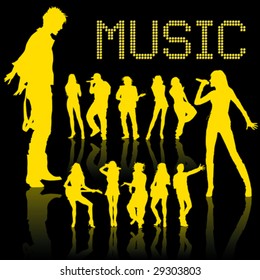 silhouette of dancing and singing people isolated on black background