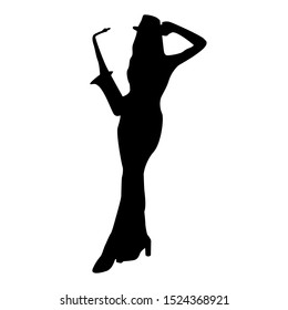 silhouette of dancing woman saxophonist vector in beautiful dress isolated on white. Woman playing saxophone