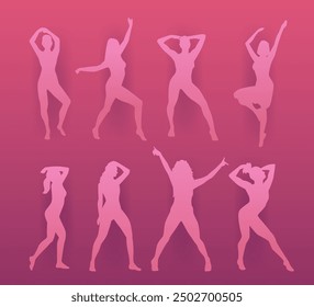 Silhouette dancing women in various poses. Pink gradient background with eight female figures performing dance moves. Paper cut style