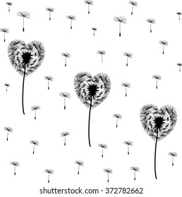 Silhouette dandelions in the form of heart