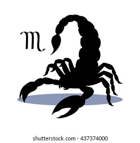 Silhouette of dangerous insect scorpion isolated on white background, detailed spider, astrological icon Scorpio. The symbol of the month of November on the calendar.