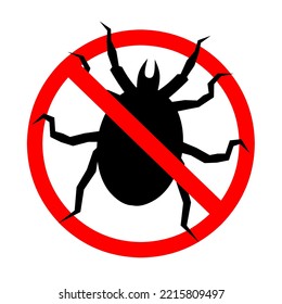 Silhouette of a dangerous mite warning sign. Dangerous ticks that cause allergies, prohibition of red circles and prevention of mite bites. Vector illustration