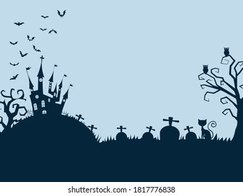 silhouette of dark castle and cat. Website spooky or banner template. vector