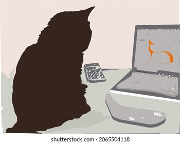 Silhouette of a dark cat. He sits on the table and looks at an open laptop
