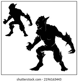 The silhouette of a dark fantasy creature, sea goblin with sharp teeth and claws in full height without background. A terrible monster, the Merman with big ears and fins stands with an open mouth.