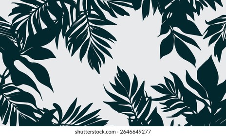 Silhouette dark green foliages border graphic, tropical plants background, serene nature graphic for textile, card, design project