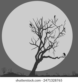 Silueta de un árbol oscuro sin hojas, con pájaros, con el telón de fondo de una Grande luna gris claro. Abstracción. Buenas noches.