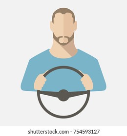 Silhouette of a dark-haired man with a beard in a blue jacket at the wheel of a car. On a white background. Vector illustration.