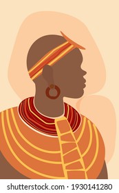 Silhouette of a dark-skinned Afro man in profile. A man in the national bright clothes and jewelry on the background of simple forms. Artistic minimalistic abstraction for poster, banner, print. Vecto