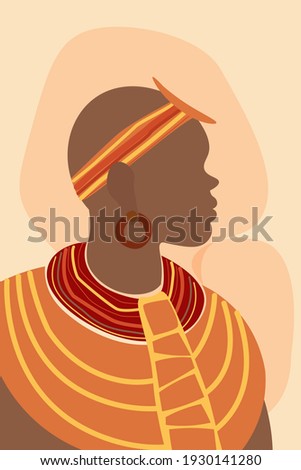 Silhouette of a dark-skinned Afro man in profile. A man in the national bright clothes and jewelry on the background of simple forms. Artistic minimalistic abstraction for poster, banner, print. Vecto
