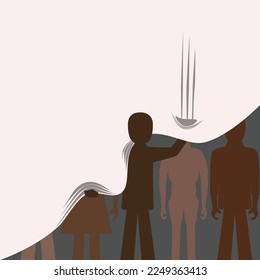 A silhouette of dark-skinned man emerges from white curtain. A few people is waiting to emerges from the dark behind curtain as well. Vector EPS 8.