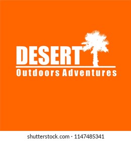 Silhouette of date palm on sand dune decorated with white simple typography, vector illustration of desert for trade mark, product logo, promotional materials, etc