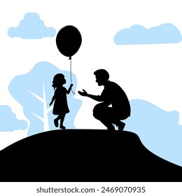 Silhouette of daughter giving balloons to father, children's day, father's day


