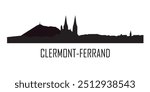 Silhouette de la ville de Clermont Ferrand avec la cathédrale et le Puy de Dôme. Noir et blanc. Texte Clermont-Ferrand