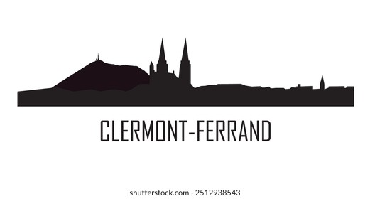 Silhouette de la ville de Clermont Ferrand avec la cathédrale et le Puy de Dôme. Noir et blanc. Texte Clermont-Ferrand