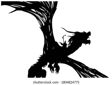 The silhouette of a dead dragon with huge wings, horns sticking out sharp bones of the spine, on its back a rider with a scythe.  2D illustration