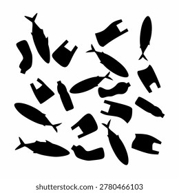 Silhouette of a dead fish surrounded by trash. Concept for a movement to clean up plastic waste. Environmental pollution.