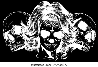 silhouette Dead girl with two sugar skulls. vector