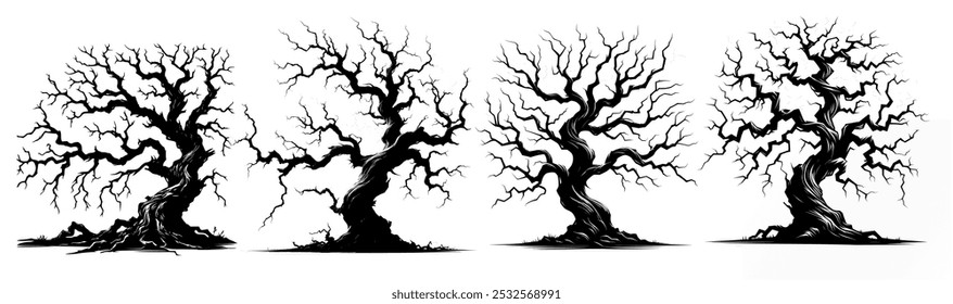 silhouette dead old leafless trees set isolated on white background. scary, spooky, horror, death, winter, pollution, etc concept. vector eps flat style illustration on white background