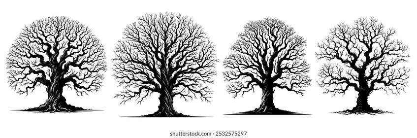 silhouette dead old leafless trees set isolated on white background. scary, spooky, horror, death, winter, pollution, etc concept. vector eps flat style illustration on white background