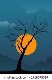 Silhouette of the dead tree, Dark and scary sky. Halloween vector illustration