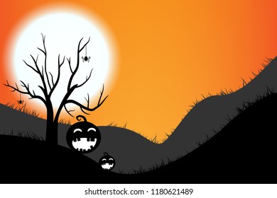 Silhouette Dead tree with Pumpkin lantern in Spooky forest in Halloween night
