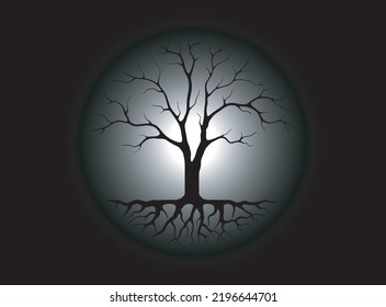 silhouette of a dead tree and roots. horror themed illustration with dry tree concept at night on moonlight background