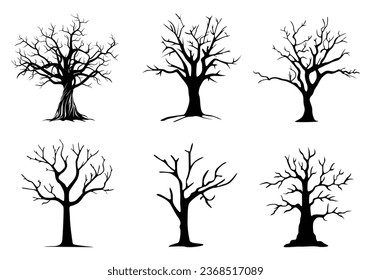 Silueta de una ilustración vectorial de árbol muerto. Ilustración de árboles y ramas sin hojas. Juego de espeluznantes dibujos animados en un árbol de Halloween. Ilustración vectorial.