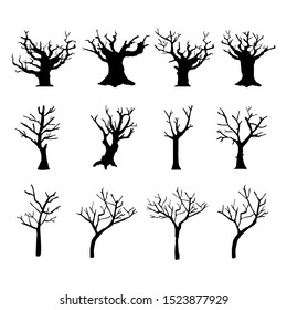 Silhouette Dead Tree without Leaves Set.  Black Tree On White Background. 
