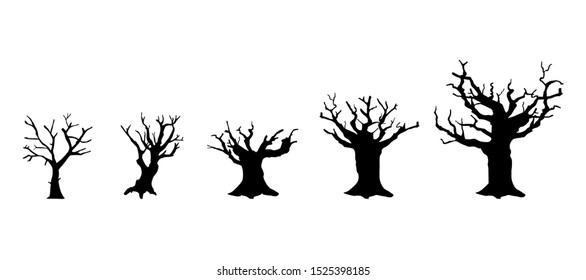 Silhouette Dead Tree without Leaves Set.  Black Tree On White Background. 
