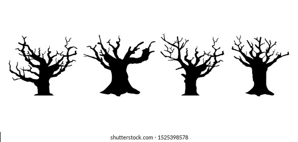 Silhouette Dead Tree without Leaves Set.  Scary Dead Black Tree On White Background. For Web, Banners, Posters, Cards, Wallpapers. 
