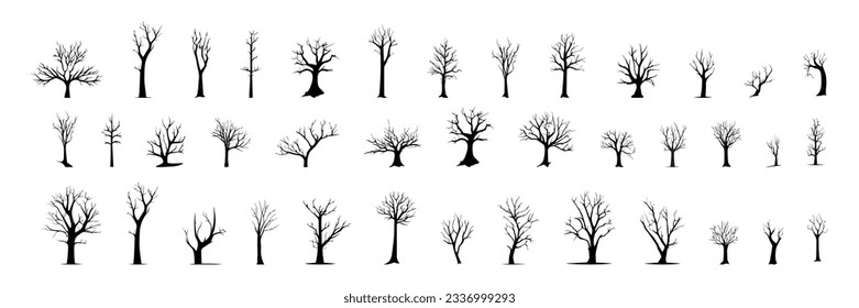 Silhouette Dead Tree without Leaves Set. Large collection Scary trees for Halloween decoration. Creepy tree. Vector illustration.