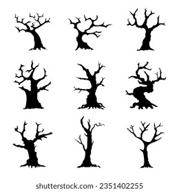 Silhouette Dead Tree without Leaves collection isolated on white. Element object for mystery concepts about forest and Halloween.