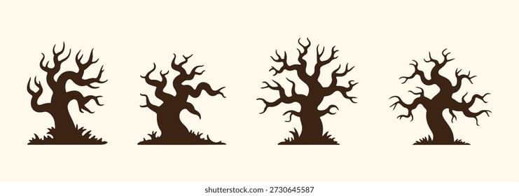 Silhueta Árvore Morta sem Folhas Set. Grande coleção Árvores assustadoras para decoração de Halloween. Árvore assustadora. Ilustração vetorial.