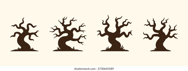 Silhueta Árvore Morta sem Folhas Set. Grande coleção Árvores assustadoras para decoração de Halloween. Árvore assustadora. Ilustração vetorial.