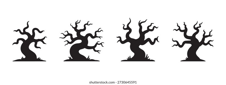 Silhueta Árvore Morta sem Folhas Set. Grande coleção Árvores assustadoras para decoração de Halloween. Árvore assustadora. Ilustração vetorial.