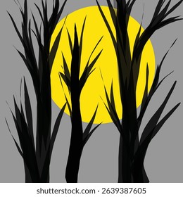 silhouette of dead trees with big yellow moon.eps