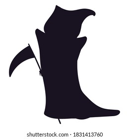 Silhouette death character with scythe in cloak. Halloween symbol isolated on white background. Scary dead reaper figure. Vector illustration