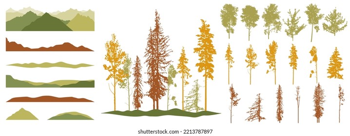 Silhouette of deciduous and coniferous trees. Creation of autumn beautiful park, forest, landscape, woodland, collection of element. Vector illustration.