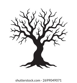 Silhouette eines Laubbaums mit nackten Ästen, die sich auf einem einfarbigen weißen Hintergrund weit ausbreiten, ideal für Grafikdesign