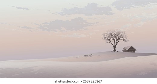 Silhouette deciduous tree and country house on the hill in the middle of dried land with vanilla sky background graphic illustration have blank space.