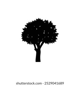 Silueta de un árbol caducifolio con follaje denso sobre un fondo blanco. Ilustración de árbol minimalista. Concepto de Naturaleza y medio ambiente para el diseño y la impresión